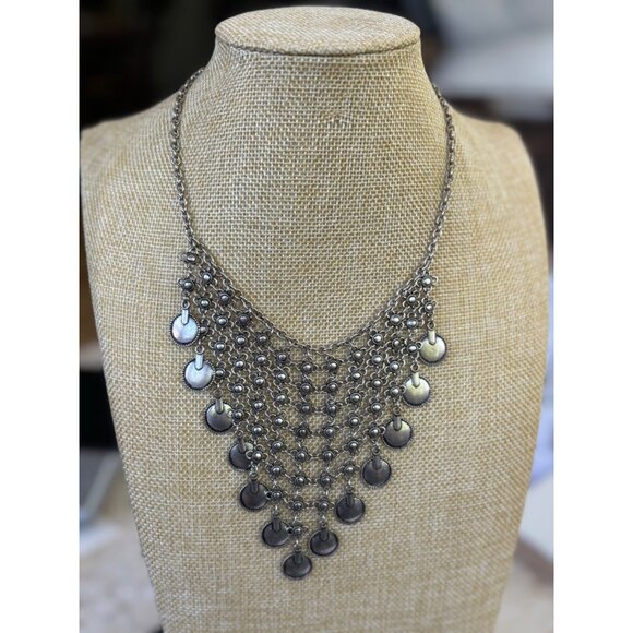 Vintage-Inspired tribal Silver-Tone Bib Necklace With Layered Coin Pendant Desig - Picture 2 of 9